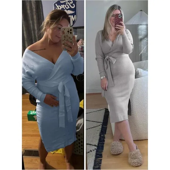 Women blue Wrap Maxi Sweater Dress V Neck Batwing Slit Open Back Bodycon Belt - Picture 7 of 7